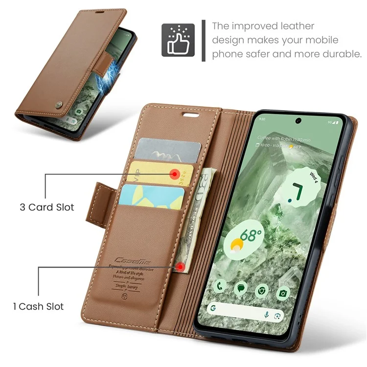 For Google Pixel 8a Leather Case CASEME 023 RFID Blocking 3 Card Slot Mobile Cover - Brown