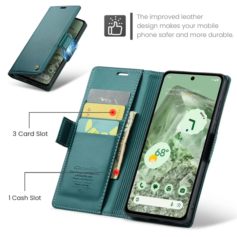 For Google Pixel 8a Leather Case CASEME 023 RFID Blocking 3 Card Slot Mobile Cover - Green