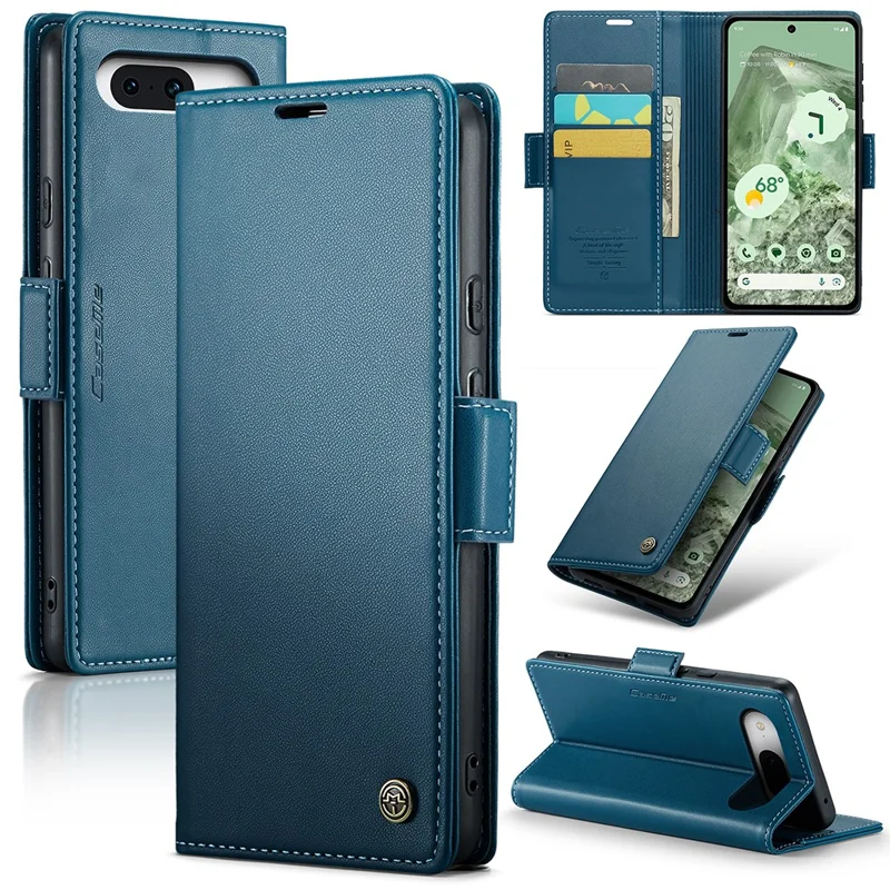 For Google Pixel 8a Leather Case CASEME 023 RFID Blocking 3 Card Slot Mobile Cover - Blue