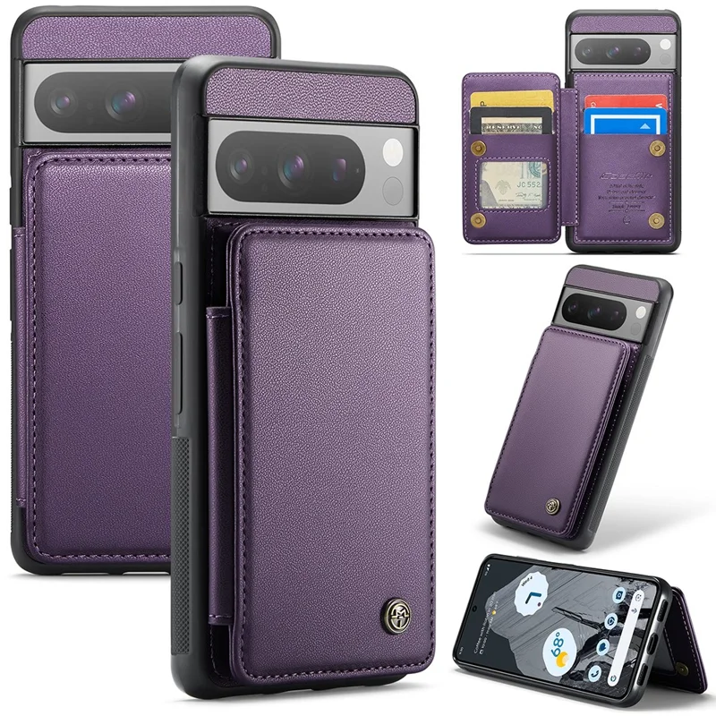 CASEME C22 Series for Google Pixel 8 Pro Case Glossy RFID Blocking Phone Cover with 4 Card Slots - Purple