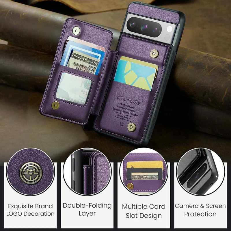 CASEME C22 Series for Google Pixel 8 Pro Case Glossy RFID Blocking Phone Cover with 4 Card Slots - Purple
