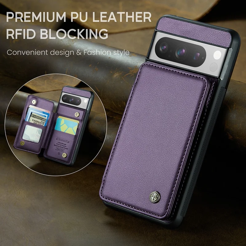 CASEME C22 Series for Google Pixel 8 Pro Case Glossy RFID Blocking Phone Cover with 4 Card Slots - Purple