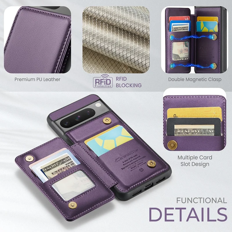 CASEME C22 Series for Google Pixel 8 Pro Case Glossy RFID Blocking Phone Cover with 4 Card Slots - Purple