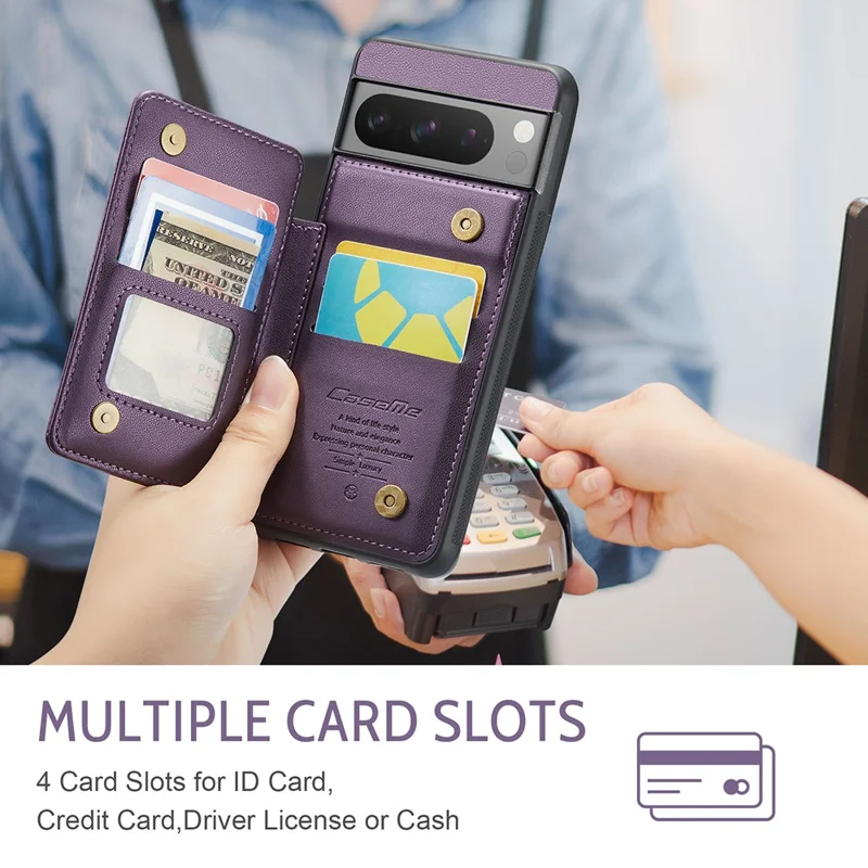 CASEME C22 Series for Google Pixel 8 Pro Case Glossy RFID Blocking Phone Cover with 4 Card Slots - Purple