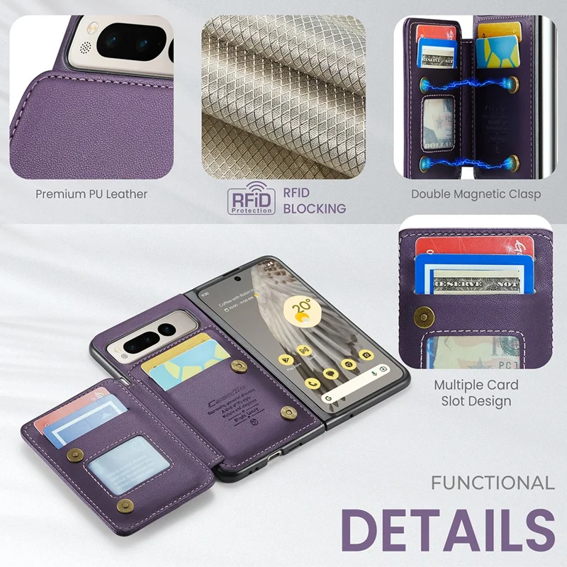 CASEME C22 Series for Google Pixel Fold Case Leather RFID Blocking Phone Cover with Front Frame - Purple
