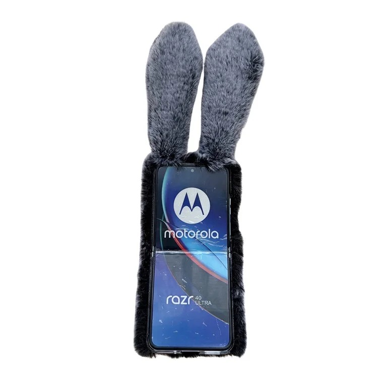 For Motorola Razr 40 Ultra 5G Case Furry 3D Bunny Ears TPU Phone Cover - Dark Grey