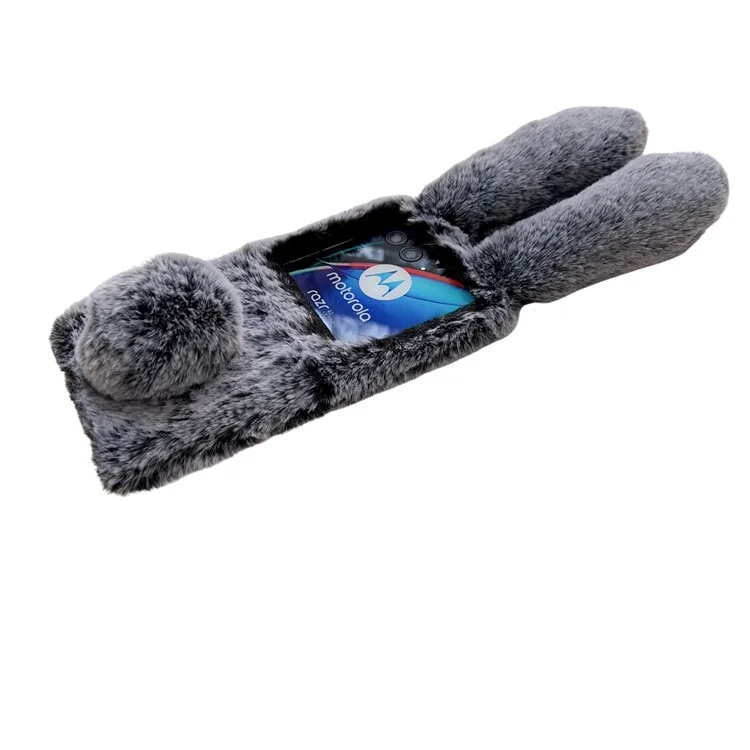 For Motorola Razr 40 Ultra 5G Case Furry 3D Bunny Ears TPU Phone Cover - Dark Grey
