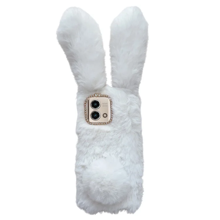 For Motorola Moto G Stylus (2023) Cell Phone Case 3D Bunny Ears Furry Hairball TPU Back Cover - White