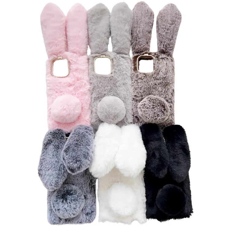 For Motorola Moto G Stylus (2023) Cell Phone Case 3D Bunny Ears Furry Hairball TPU Back Cover - White