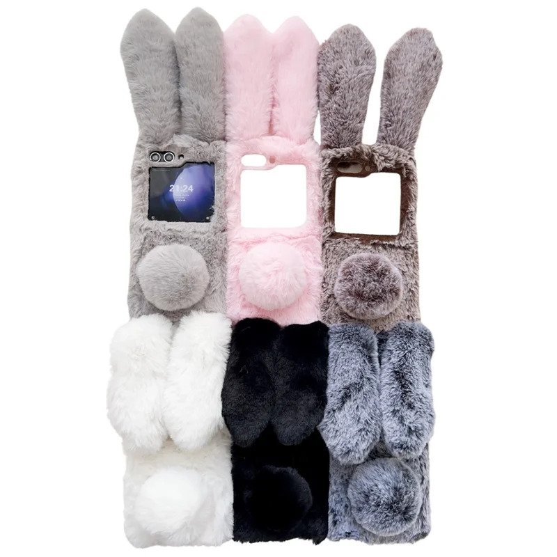 For Samsung Galaxy Z Flip5 5G Cell Phone Case Furry Cute 3D Bunny Ears Soft TPU Protective Shell - Pink