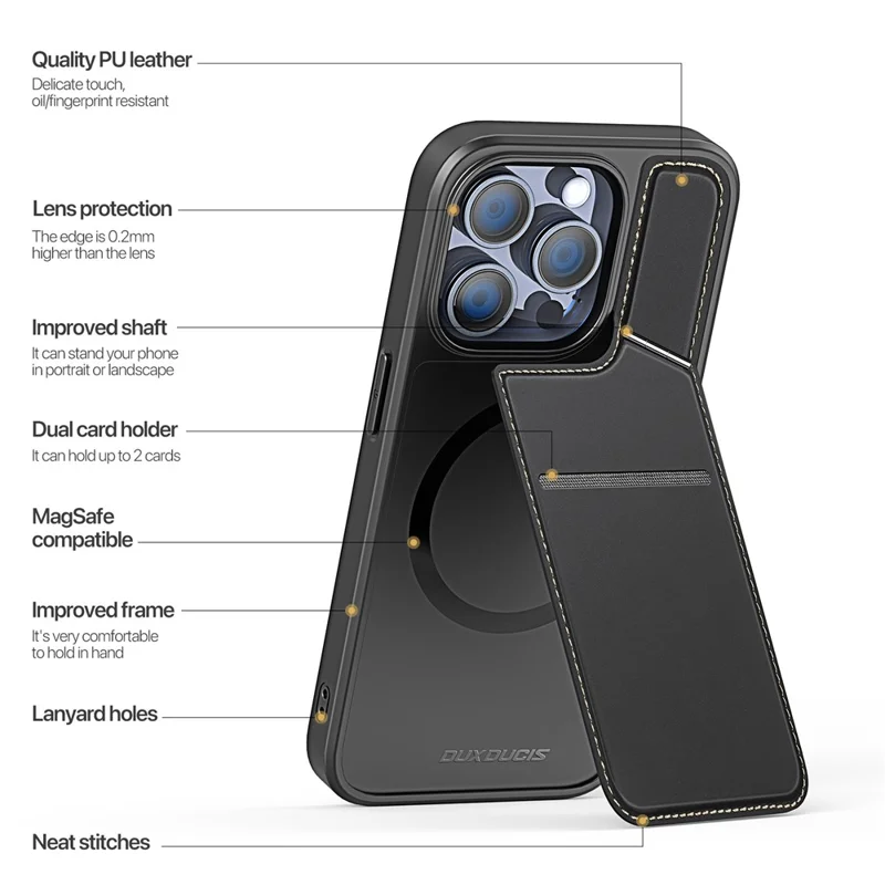 DUX DUCIS Rafi II Series for iPhone 15 Pro Max Magnetic Case Card Holder Kickstand Cover - Black