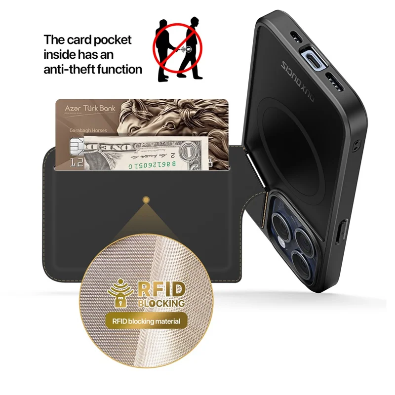 DUX DUCIS Rafi II Series for iPhone 15 Pro Max Magnetic Case Card Holder Kickstand Cover - Black