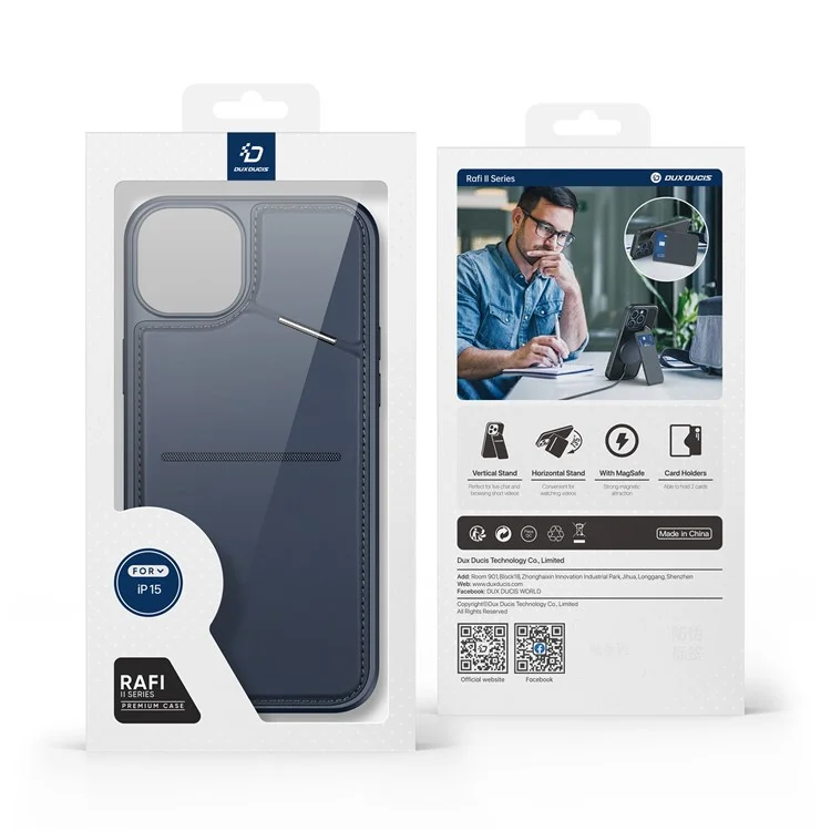 DUX DUCIS Rafi II Series for iPhone 15 Plus Kickstand Case Magnetic Phone Cover Card Holder - Blue