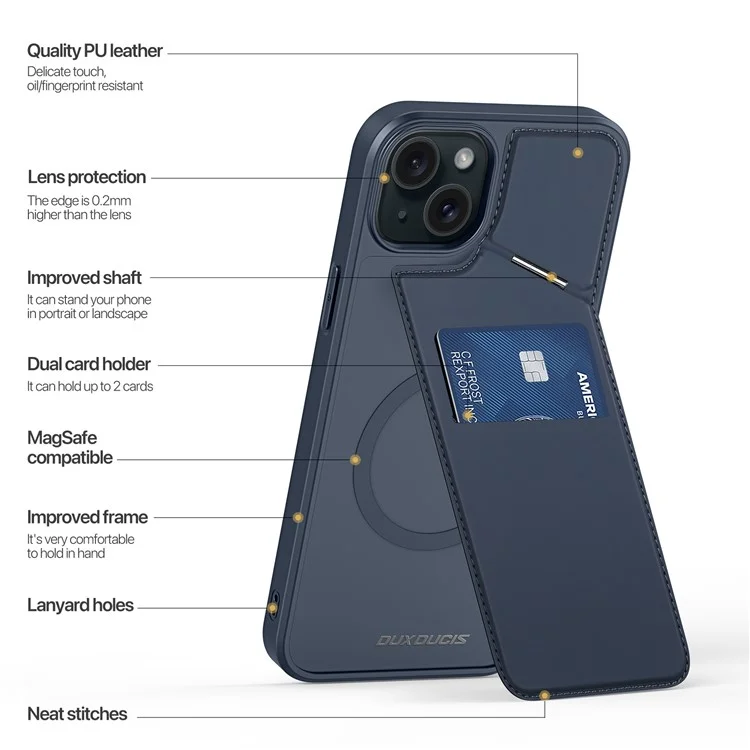 DUX DUCIS Rafi II Series for iPhone 15 Plus Kickstand Case Magnetic Phone Cover Card Holder - Blue
