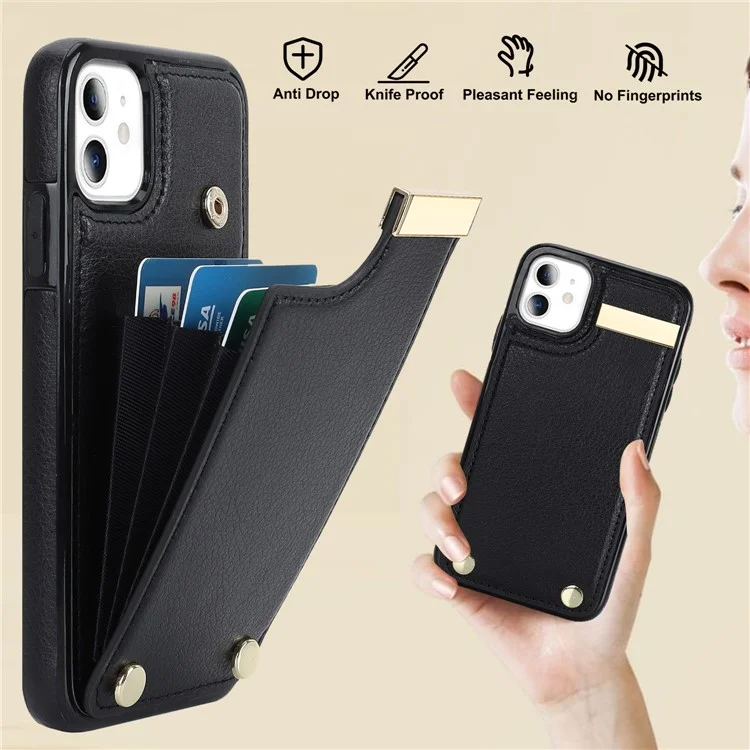 Coque pour iPhone 11 en TPU + Cuir PU Décor Métal Antichoc Étui de téléphone avec porte-cartes - Noir