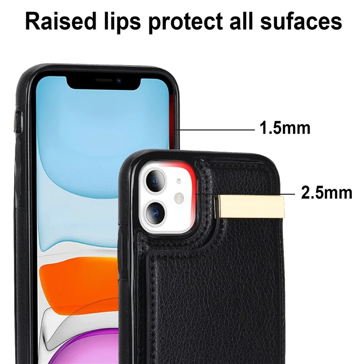 Coque pour iPhone 11 en TPU + Cuir PU Décor Métal Antichoc Étui de téléphone avec porte-cartes - Noir