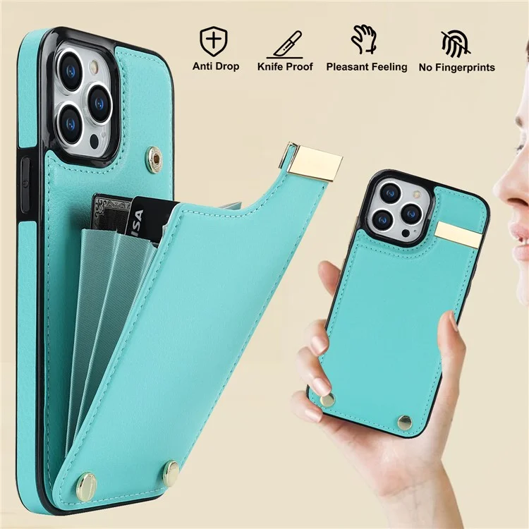 Für iPhone 15 Pro Max Case TPU+PU Leder+Metall Hardware Handyhülle mit Kartenfach - Mintgrün