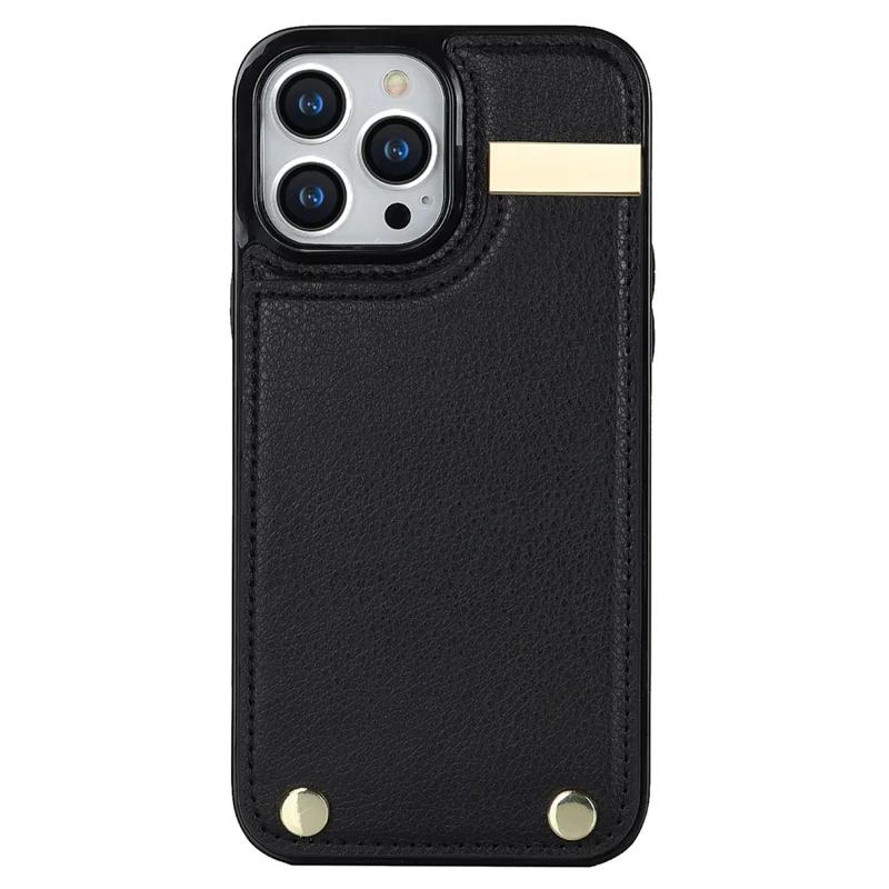 For iPhone 15 Pro Max Case TPU+PU Leather+Metal Hardware Phone Cover with Card Holder - Black