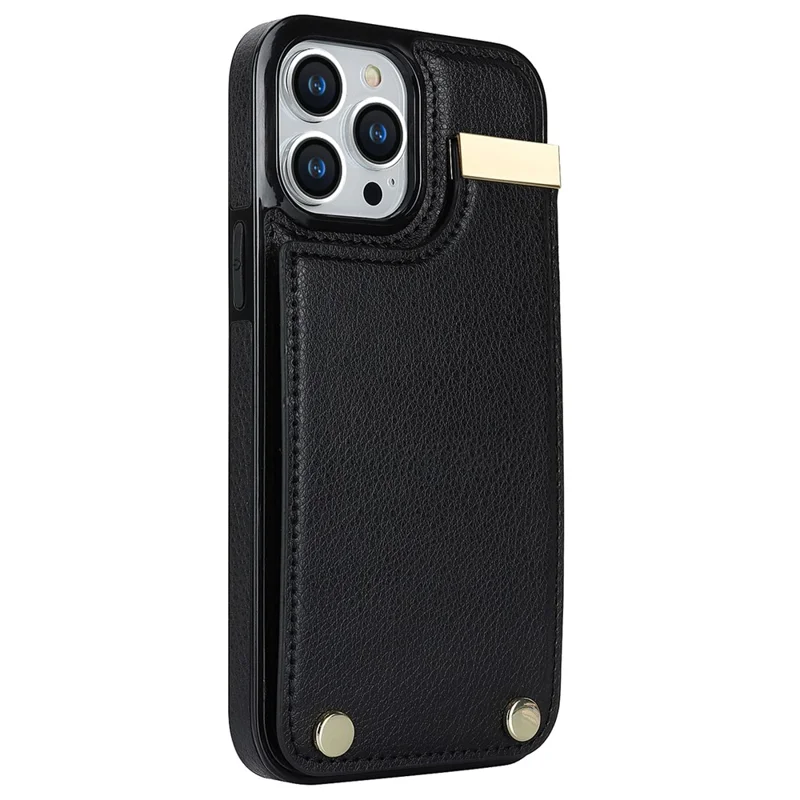 For iPhone 15 Pro Max Case TPU+PU Leather+Metal Hardware Phone Cover with Card Holder - Black