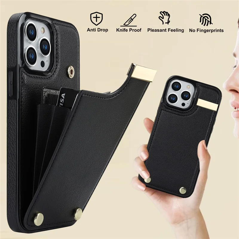 For iPhone 15 Pro Max Case TPU+PU Leather+Metal Hardware Phone Cover with Card Holder - Black