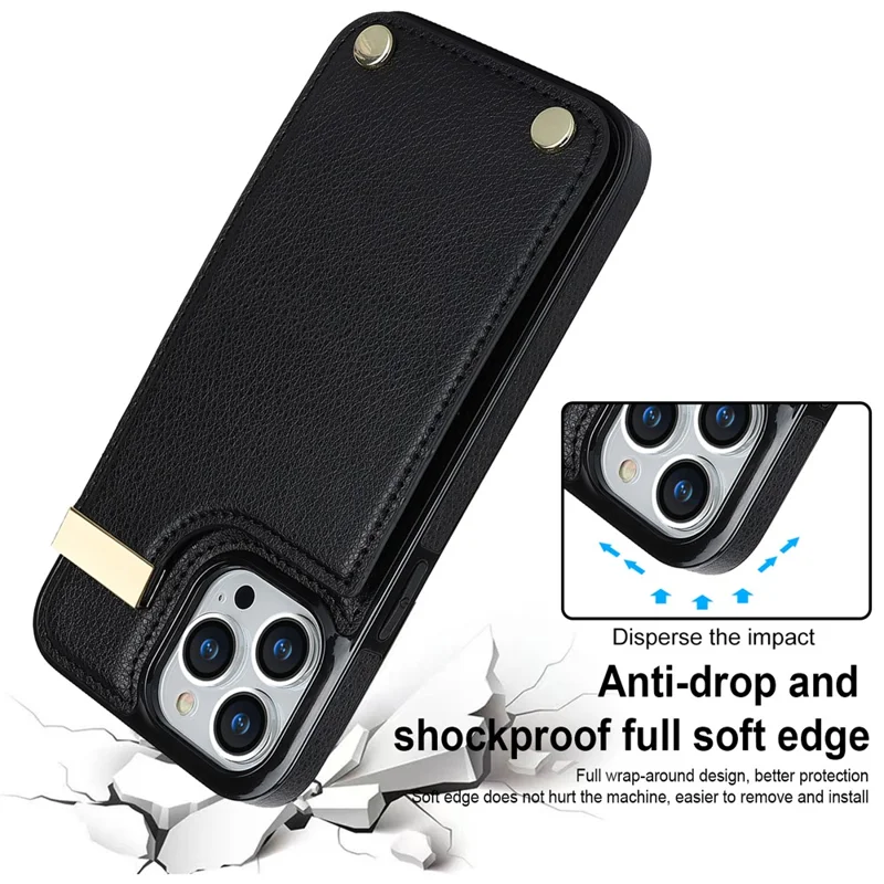 For iPhone 15 Pro Max Case TPU+PU Leather+Metal Hardware Phone Cover with Card Holder - Black