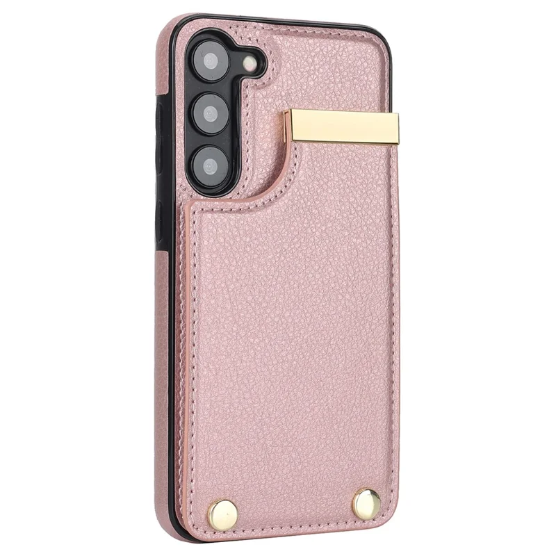 For Samsung Galaxy S23+ Cell Phone Case TPU+PU Leather Card Holder Cover with Hardware Decor - Rose Gold