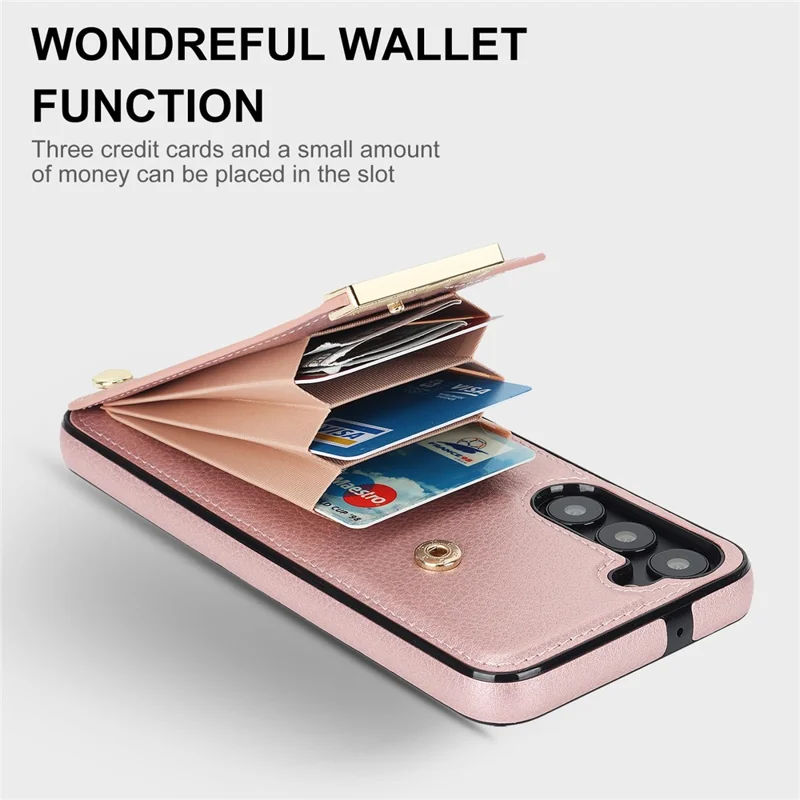 For Samsung Galaxy S23+ Cell Phone Case TPU+PU Leather Card Holder Cover with Hardware Decor - Rose Gold