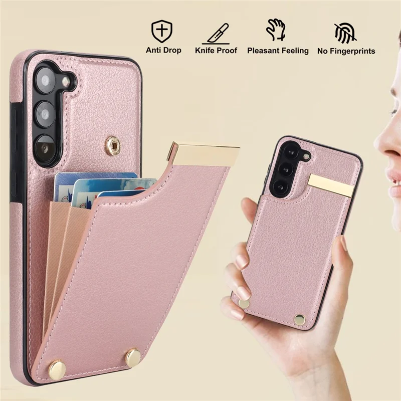 For Samsung Galaxy S23+ Cell Phone Case TPU+PU Leather Card Holder Cover with Hardware Decor - Rose Gold