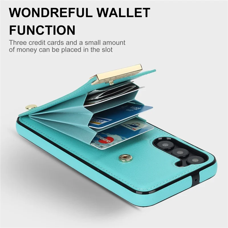 For Samsung Galaxy S23+ Cell Phone Case TPU+PU Leather Card Holder Cover with Hardware Decor - Mint Green