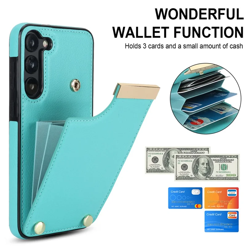 For Samsung Galaxy S23+ Cell Phone Case TPU+PU Leather Card Holder Cover with Hardware Decor - Mint Green