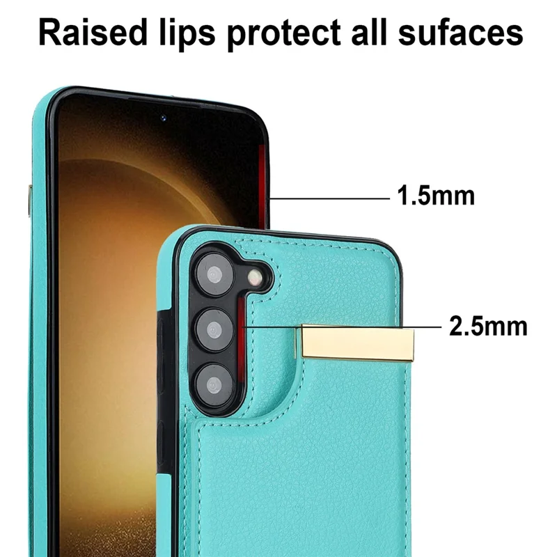 For Samsung Galaxy S23+ Cell Phone Case TPU+PU Leather Card Holder Cover with Hardware Decor - Mint Green