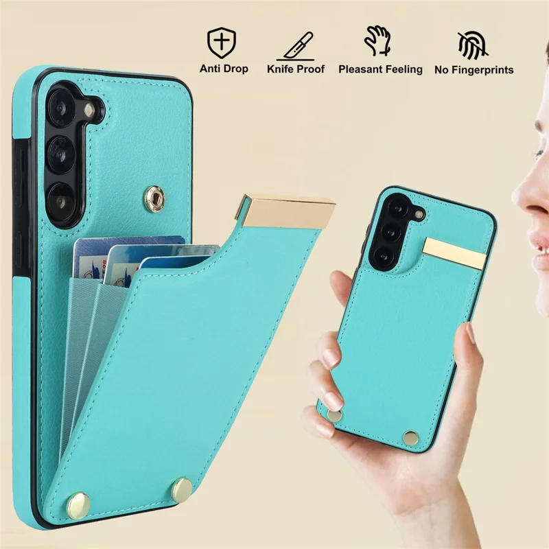 For Samsung Galaxy S23+ Cell Phone Case TPU+PU Leather Card Holder Cover with Hardware Decor - Mint Green