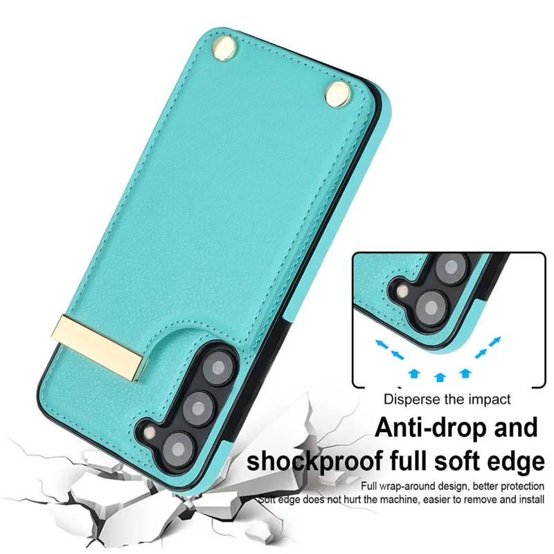 For Samsung Galaxy S23+ Cell Phone Case TPU+PU Leather Card Holder Cover with Hardware Decor - Mint Green