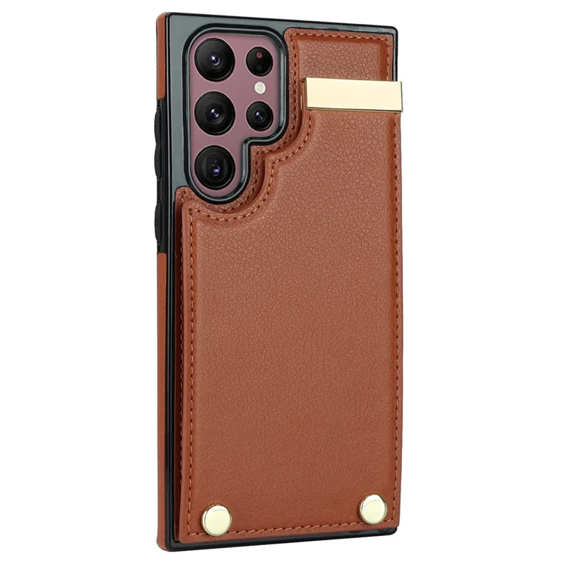 Para Samsung Galaxy S24 Ultra Capa Hardware Decor TPU+PU Leather Card Bag Cell Phone Case - Marrom