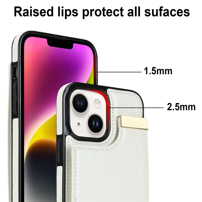 For iPhone 14 Plus Case TPU+PU Leather+Metal Mobile Phone Cover with Card Holder - White