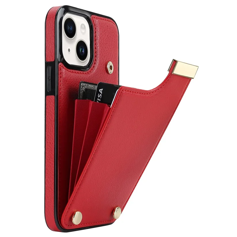 For iPhone 14 Plus Case TPU+PU Leather+Metal Mobile Phone Cover with Card Holder - Red
