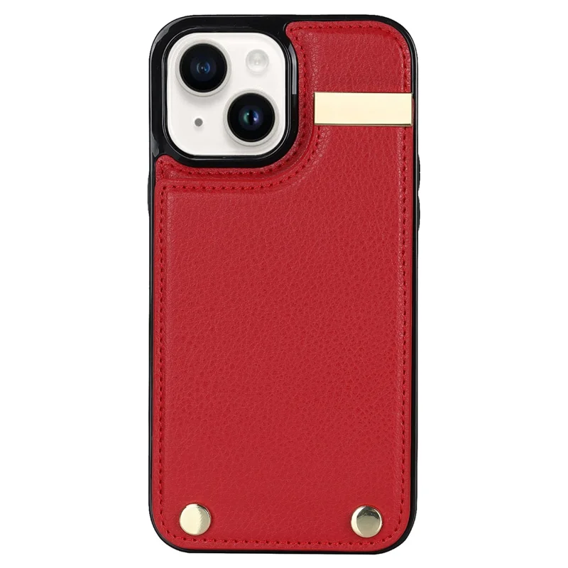 For iPhone 14 Plus Case TPU+PU Leather+Metal Mobile Phone Cover with Card Holder - Red