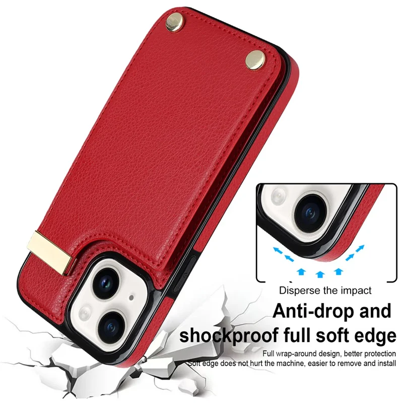 For iPhone 14 Plus Case TPU+PU Leather+Metal Mobile Phone Cover with Card Holder - Red