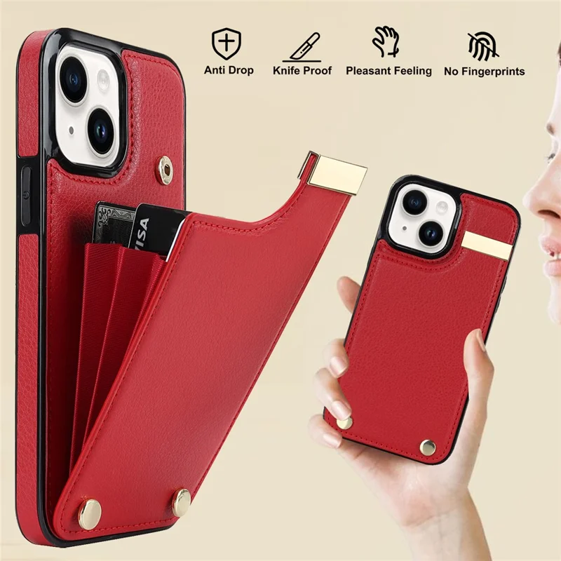 For iPhone 14 Plus Case TPU+PU Leather+Metal Mobile Phone Cover with Card Holder - Red