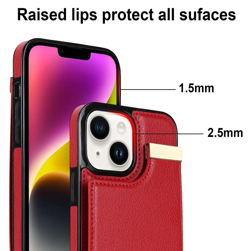 For iPhone 14 Plus Case TPU+PU Leather+Metal Mobile Phone Cover with Card Holder - Red
