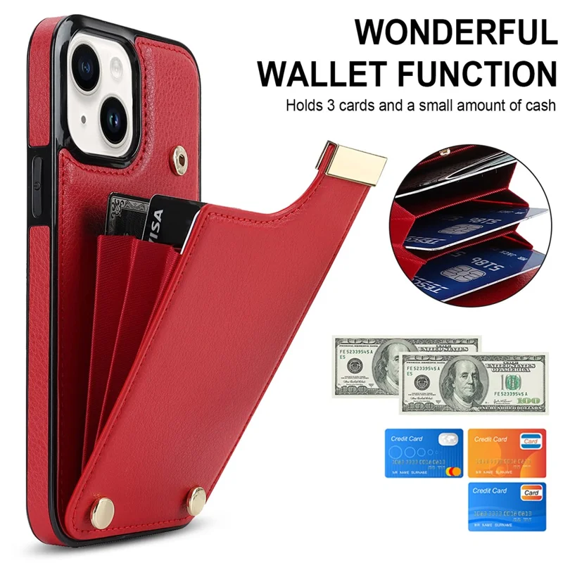 For iPhone 14 Plus Case TPU+PU Leather+Metal Mobile Phone Cover with Card Holder - Red