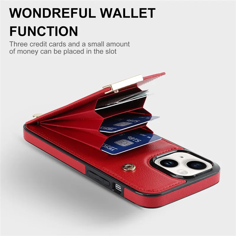 For iPhone 14 Plus Case TPU+PU Leather+Metal Mobile Phone Cover with Card Holder - Red