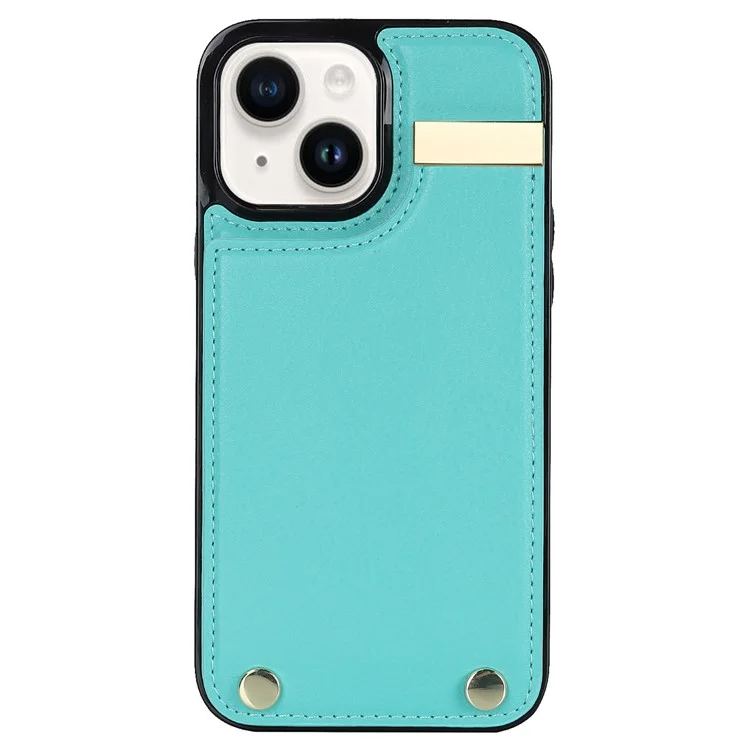 Phone Cover for iPhone 14 Slim-Fit Case TPU+PU Leather+Metal Shell with Card Holder - Mint Green