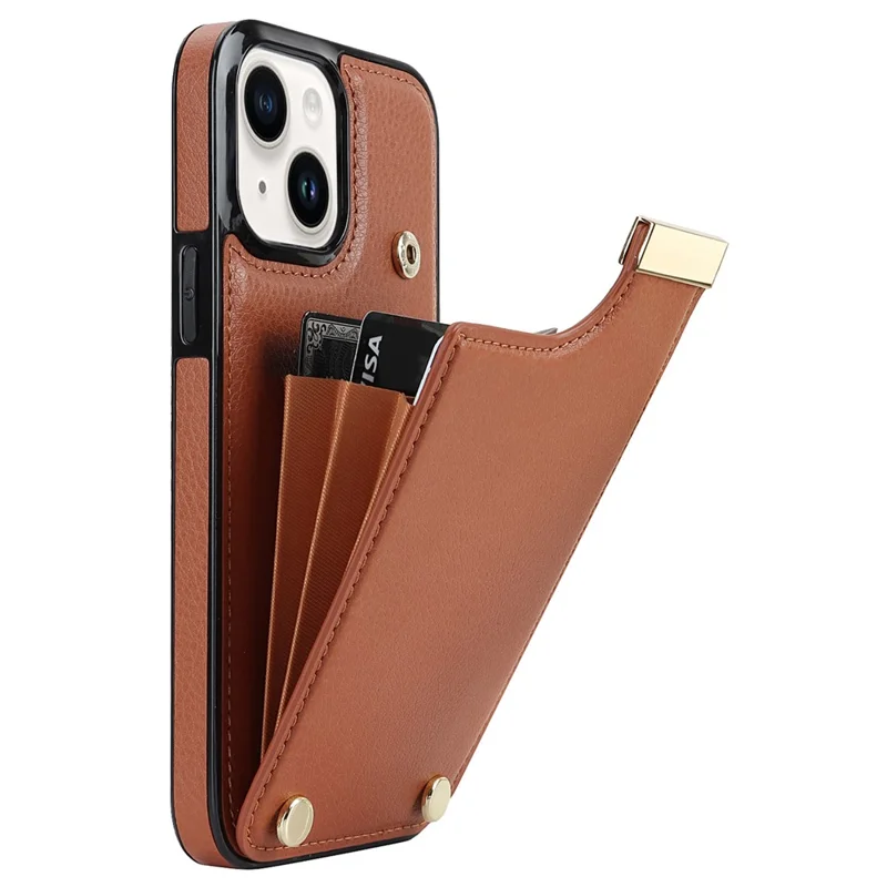 Phone Cover for iPhone 14 Slim-Fit Case TPU+PU Leather+Metal Shell with Card Holder - Brown