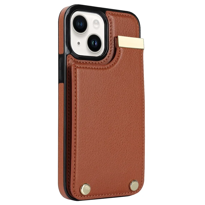 Phone Cover for iPhone 14 Slim-Fit Case TPU+PU Leather+Metal Shell with Card Holder - Brown