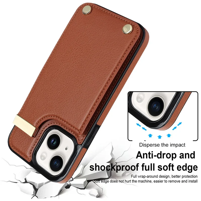 Phone Cover for iPhone 14 Slim-Fit Case TPU+PU Leather+Metal Shell with Card Holder - Brown