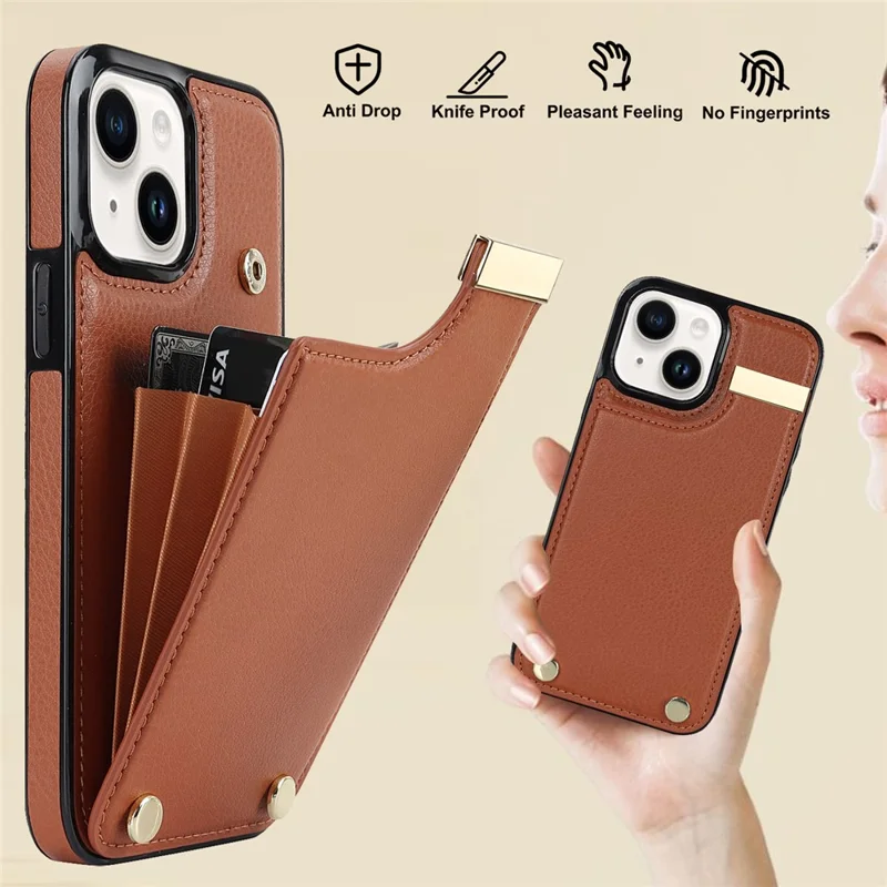 Phone Cover for iPhone 14 Slim-Fit Case TPU+PU Leather+Metal Shell with Card Holder - Brown