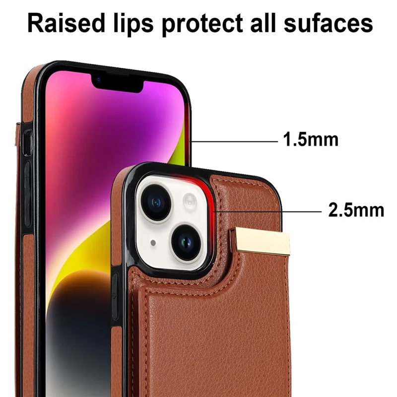Phone Cover for iPhone 14 Slim-Fit Case TPU+PU Leather+Metal Shell with Card Holder - Brown