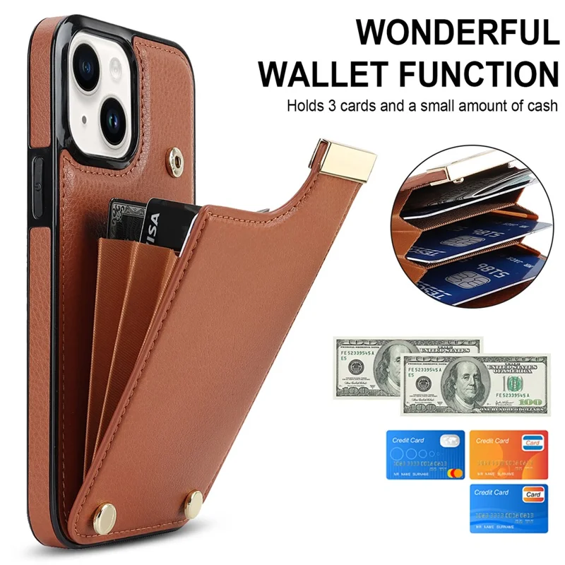 Phone Cover for iPhone 14 Slim-Fit Case TPU+PU Leather+Metal Shell with Card Holder - Brown