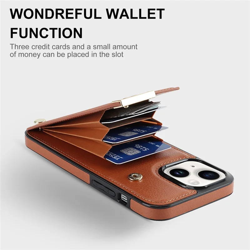 Phone Cover for iPhone 14 Slim-Fit Case TPU+PU Leather+Metal Shell with Card Holder - Brown